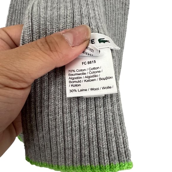 Lacoste Mens Gray Lime Green Trim Ribbed Wool Blend Rectangle Scarf - Picture 4 of 5